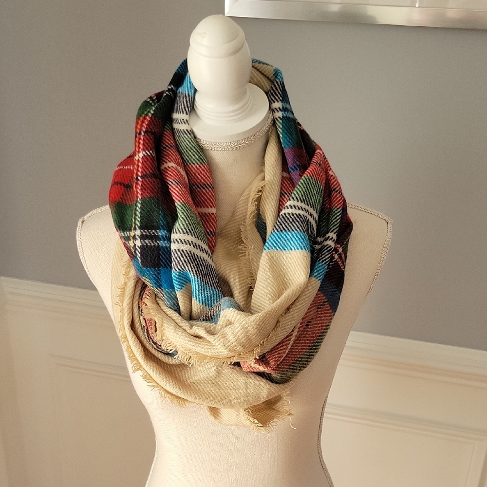 Brass Plum Infinity Scarf Blue, Red, Green, Beige Plaid Women